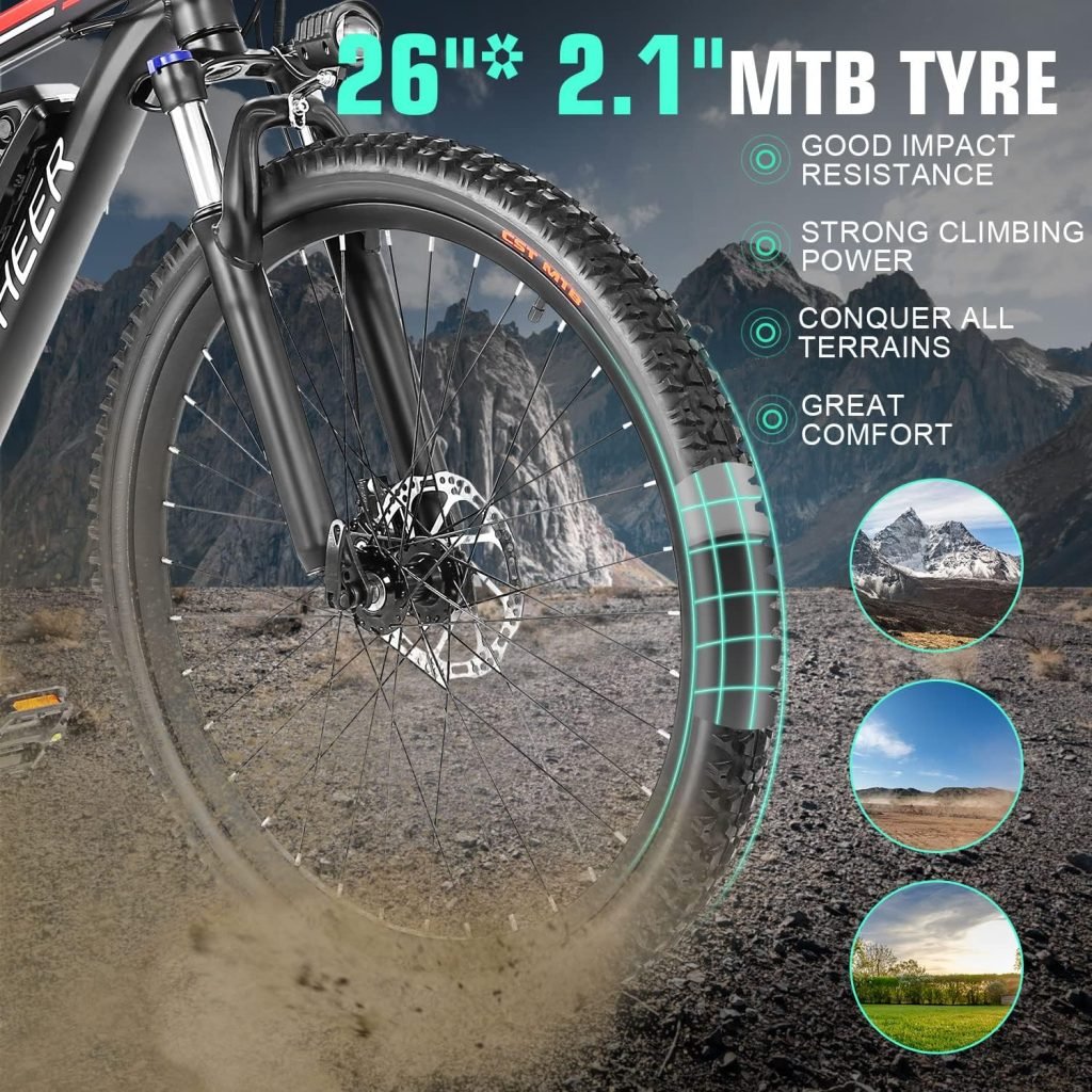ANCHEER 500W 26 Electric Bike for Adults, 48V 10.4Ah Battery, 60 Miles, 3H Fast Charge, Electric Mountain Bike, 2.1 eMTB Tire, 21 Speed, 20MPH Adults Electric Bicycle