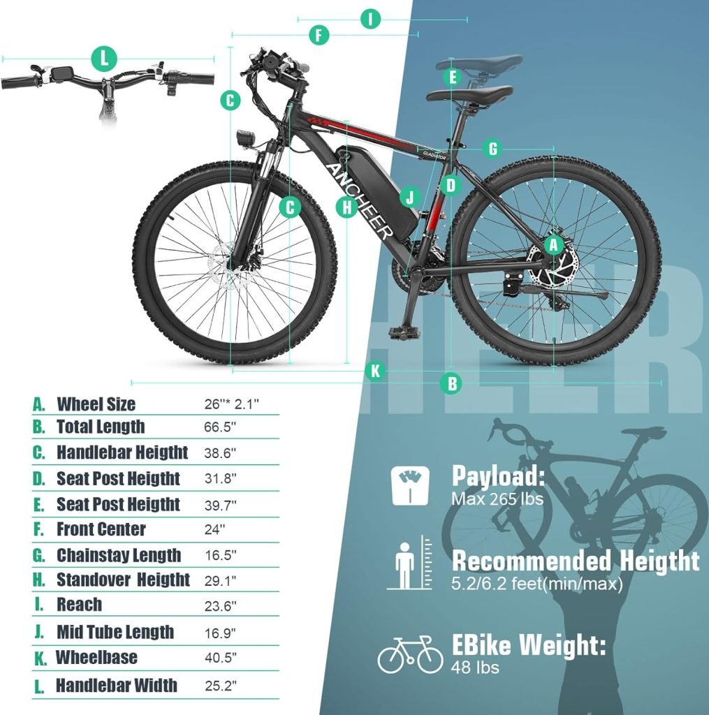 ANCHEER 500W 26 Electric Bike for Adults, 48V 10.4Ah Battery, 60 Miles, 3H Fast Charge, Electric Mountain Bike, 2.1 eMTB Tire, 21 Speed, 20MPH Adults Electric Bicycle