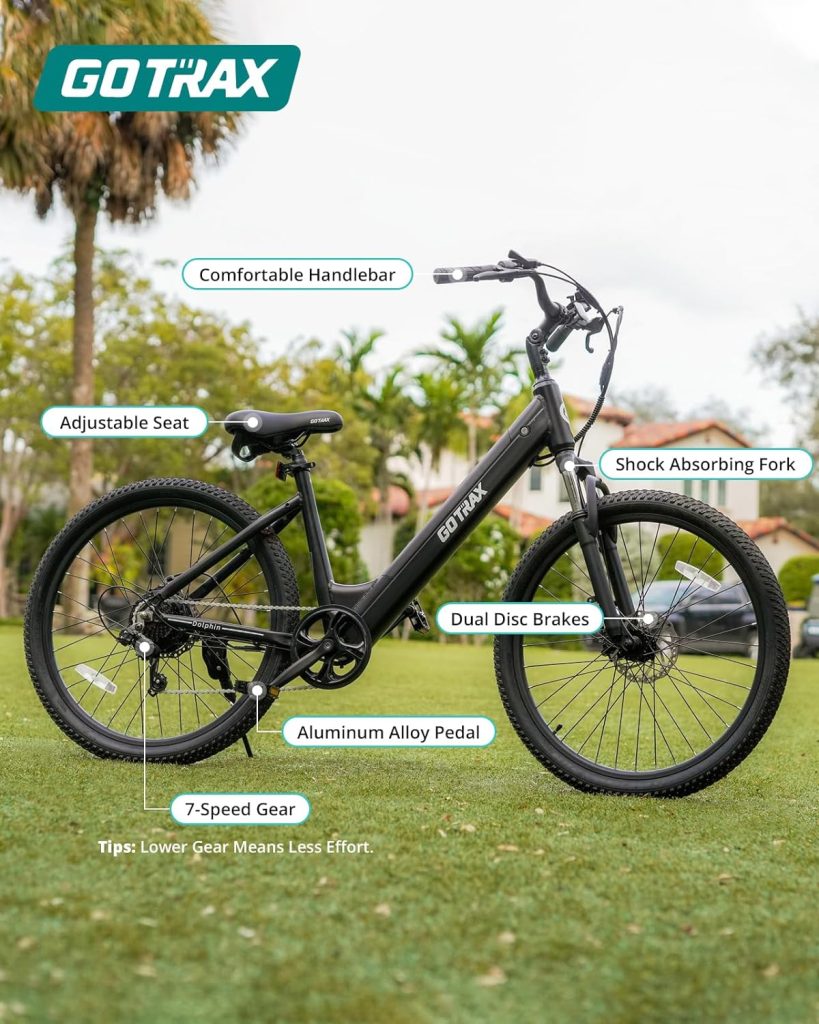Gotrax 26 Electric Bike, Max Range 30Miles(Pedal-assist1)  15.5/20Mph Power by 250/350W, 3 Riding Modes  Adjustable Seat, 7-Speed  Front Shock Absorber, Commuter Electric Bicycle for Adults