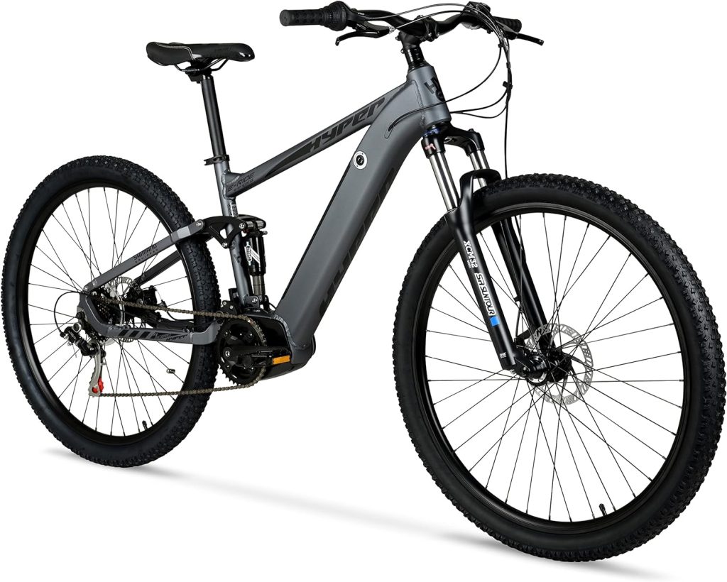 Hyper E-Ride Electric Mountain Bike for Adults 29 Inch. 250w, 36v Battery, Mountain Ebike with Shimano 7-Speed Grip Shifter. Dual Suspension. Rear Air Shock Electric Bicycle for Adults. Matte Grey