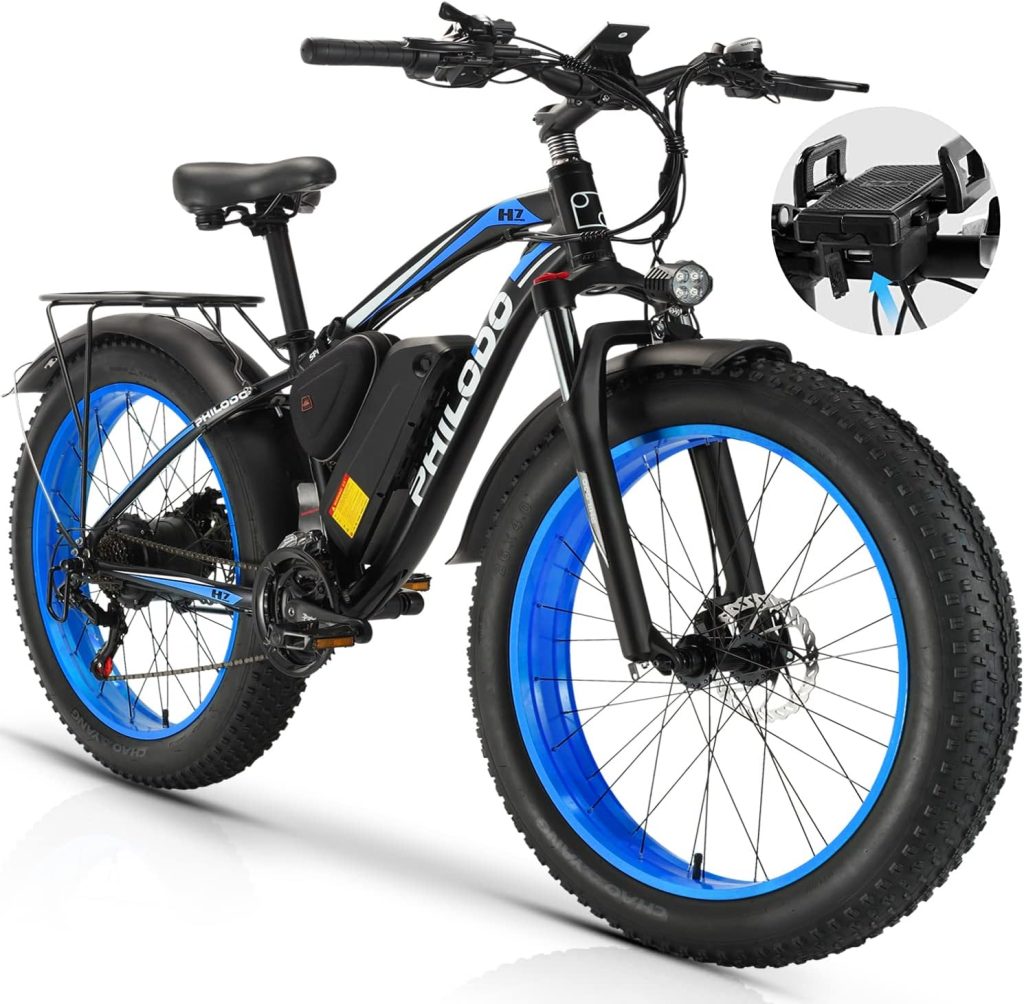 PHILODO Electric Bike for Adults, Fat Tire Ebike 26 Electric Bike 1000W Electric Mountain Bike 48V/17.5Ah Removable Battery 31MPH Electric Bicycles 21-Speed