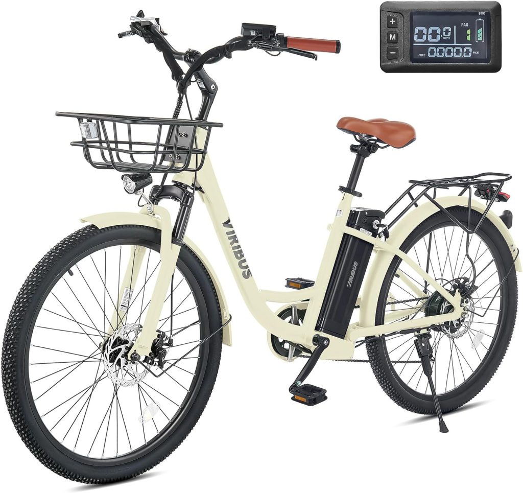 Viribus Electric Bike for Adults, 25 mph City Ebikes for Adults with Basket, 350W/500W Electric Cruiser Commuting Bikes for Women 7 Speed, Adult Electric Bicycle with 36V/48V Battery E Bike