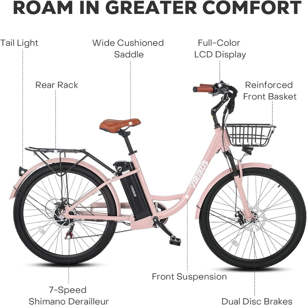 Viribus Electric Bike for Adults, 25 mph City Ebikes for Adults with Basket, 350W/500W Electric Cruiser Commuting Bikes for Women 7 Speed, Adult Electric Bicycle with 36V/48V Battery E Bike