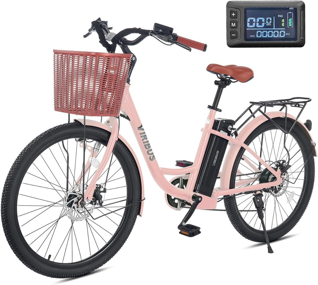 Viribus Electric Bike for Adults, 25 mph City Ebikes for Adults with Basket, 350W/500W Electric Cruiser Commuting Bikes for Women 7 Speed, Adult Electric Bicycle with 36V/48V Battery E Bike