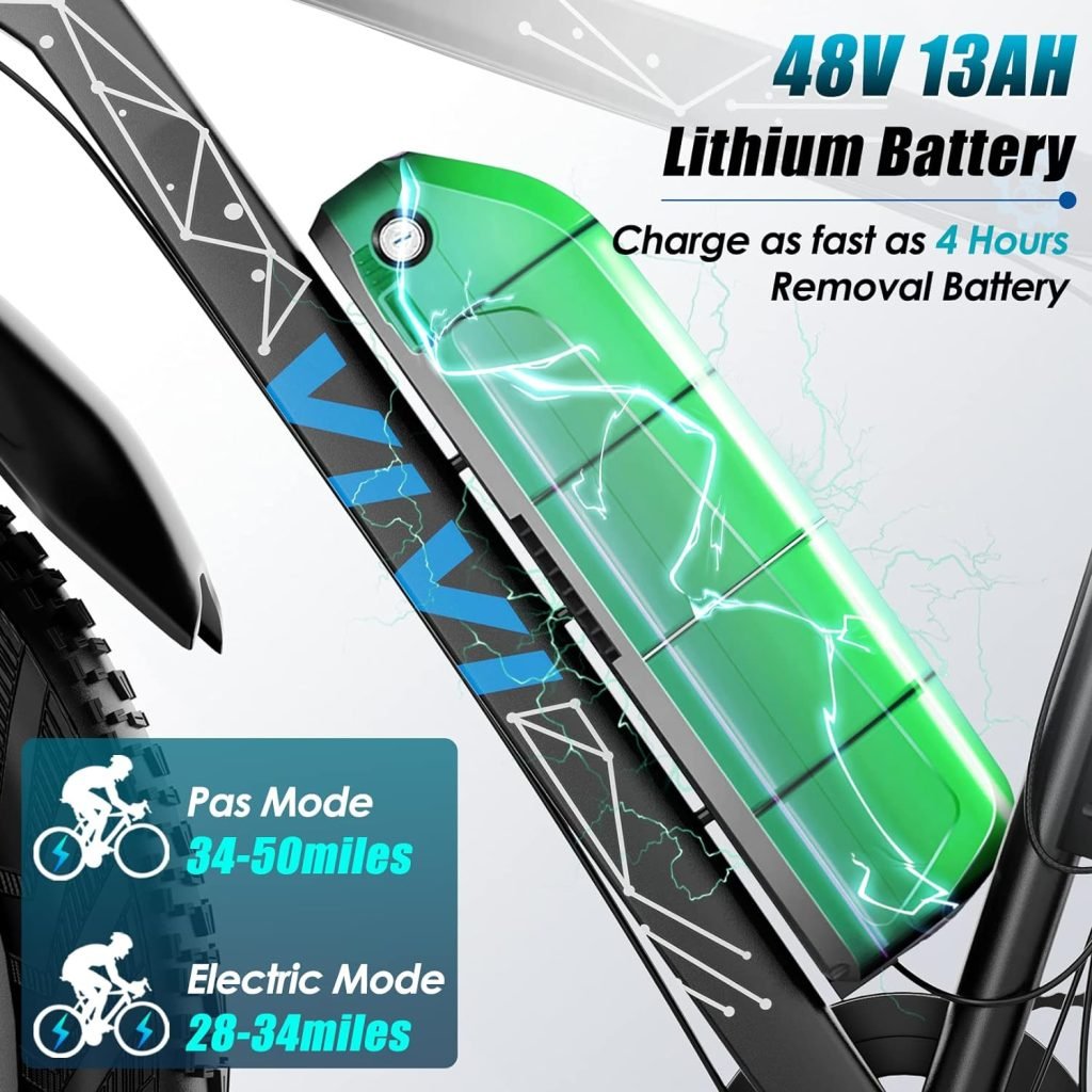 Vivi Electric Bike 26 x 4.0 Fat Tire Electric Bicycle, 500W (Peak 750W) Electric Mountain Bike, 25MPH Ebikes for Adults with 48V 13AH Removable Lithium-Ion Battery, Up to 50 Miles