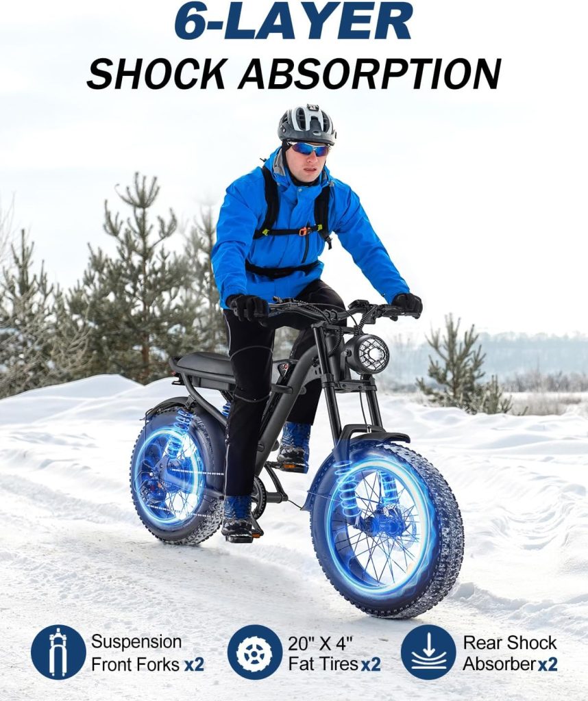 Ridingtimes 1500W Moped Style Electric Bike, 20 Inch Fat Tire  6-Layer Full Suspension Ebike, Up to 28MPH  75 Miles, 15.6AH Removable Battery, All-Terrain E Bike for Mountains, Snow, Sand, Road