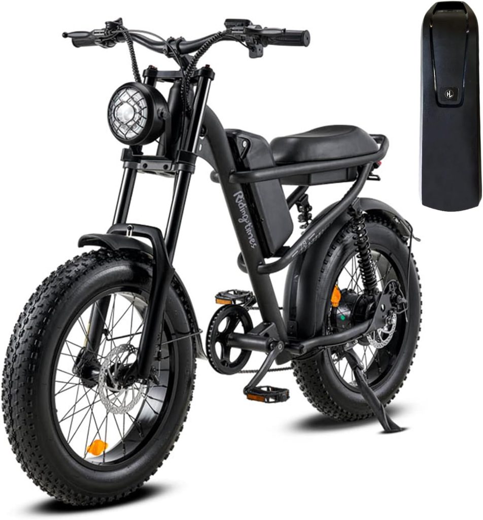 Ridingtimes 1500W Moped Style Electric Bike, 20 Inch Fat Tire  6-Layer Full Suspension Ebike, Up to 28MPH  75 Miles, 15.6AH Removable Battery, All-Terrain E Bike for Mountains, Snow, Sand, Road