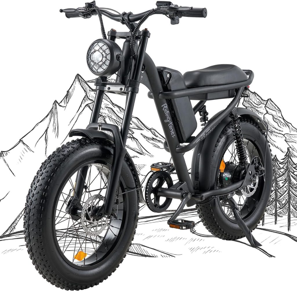 Ridingtimes 1500W Moped Style Electric Bike, 20 Inch Fat Tire  6-Layer Full Suspension Ebike, Up to 28MPH  75 Miles, 15.6AH Removable Battery, All-Terrain E Bike for Mountains, Snow, Sand, Road