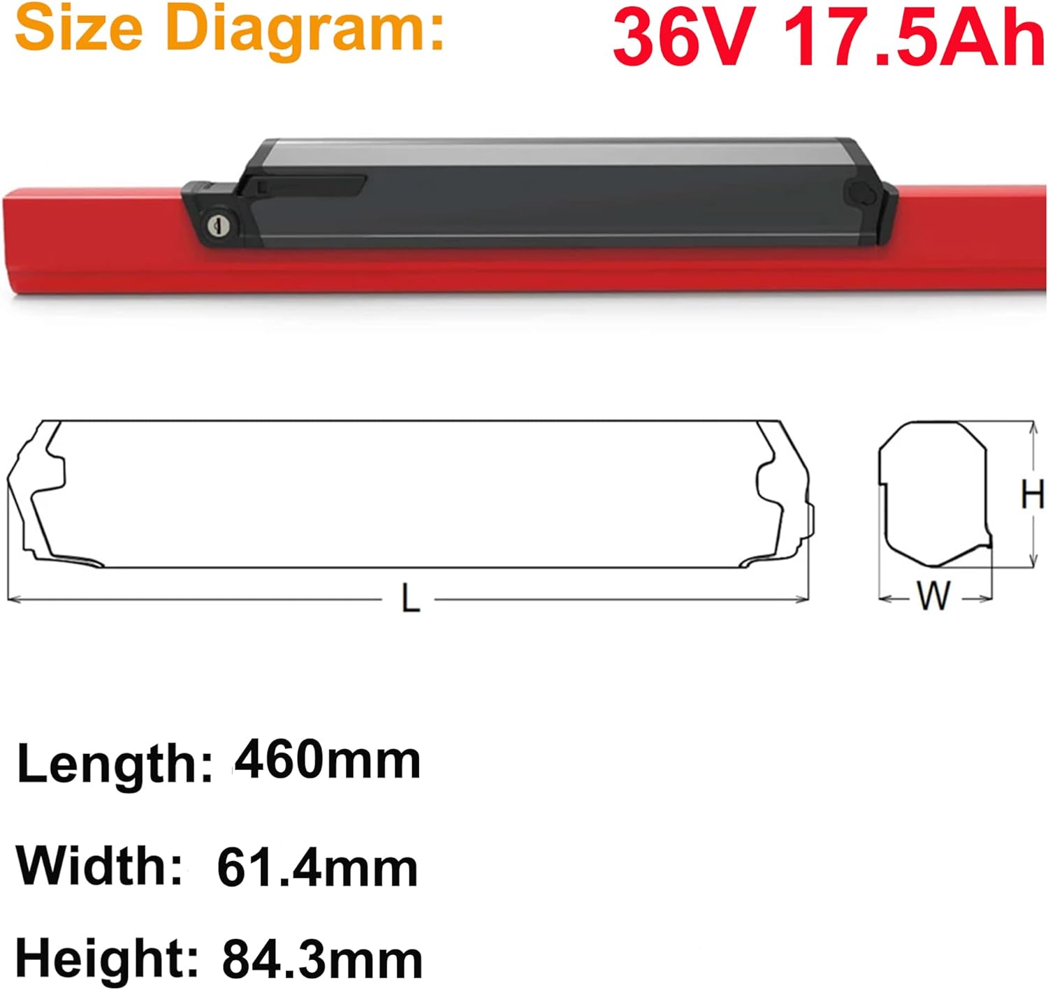 36V 17.5Ah 630Wh Reention Dorado pro case Ebike Battery Side Open Electric Bike Lithium Ion Batteries wih USB Port Replacement for EUNORAU UHVO/Torque Bike Length 460mm