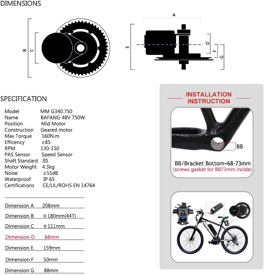 BAFANG 48V 750W Mid Drive Electric Bike Conversion Kit with HMI Display BBS02B 8FUN Mid Motor for Bike Kit with 48V Ebike Battery
