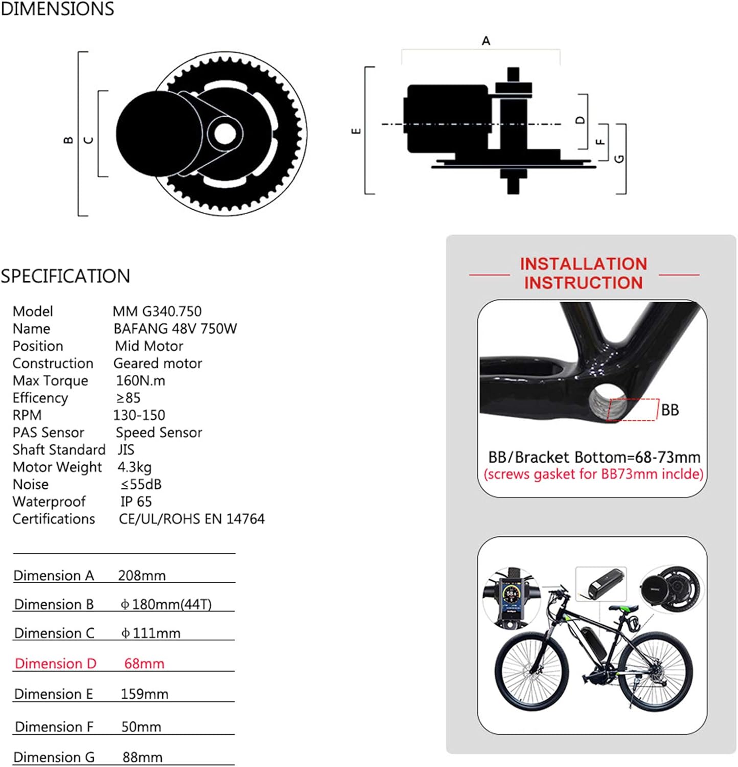 BAFANG 48V 750W Mid Drive Electric Bike Conversion Kit with HMI Display BBS02B 8FUN Mid Motor for Bike Kit with 48V Ebike Battery