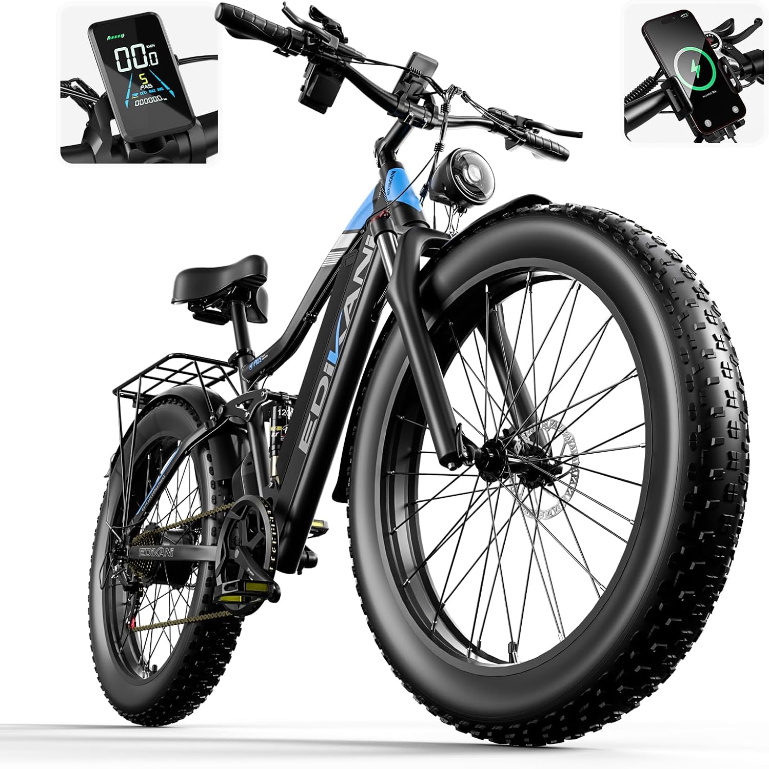 Electric Bike, 1000W 17.5Ah 840Wh 48V 26 Fat Tire Ebike for Adults, 34mph 34 - 70 Miles PAS Throttle Electric Bicycle with Hydraulic Brakes, Color Display, Full Suspension Off Road Mountain E Bike