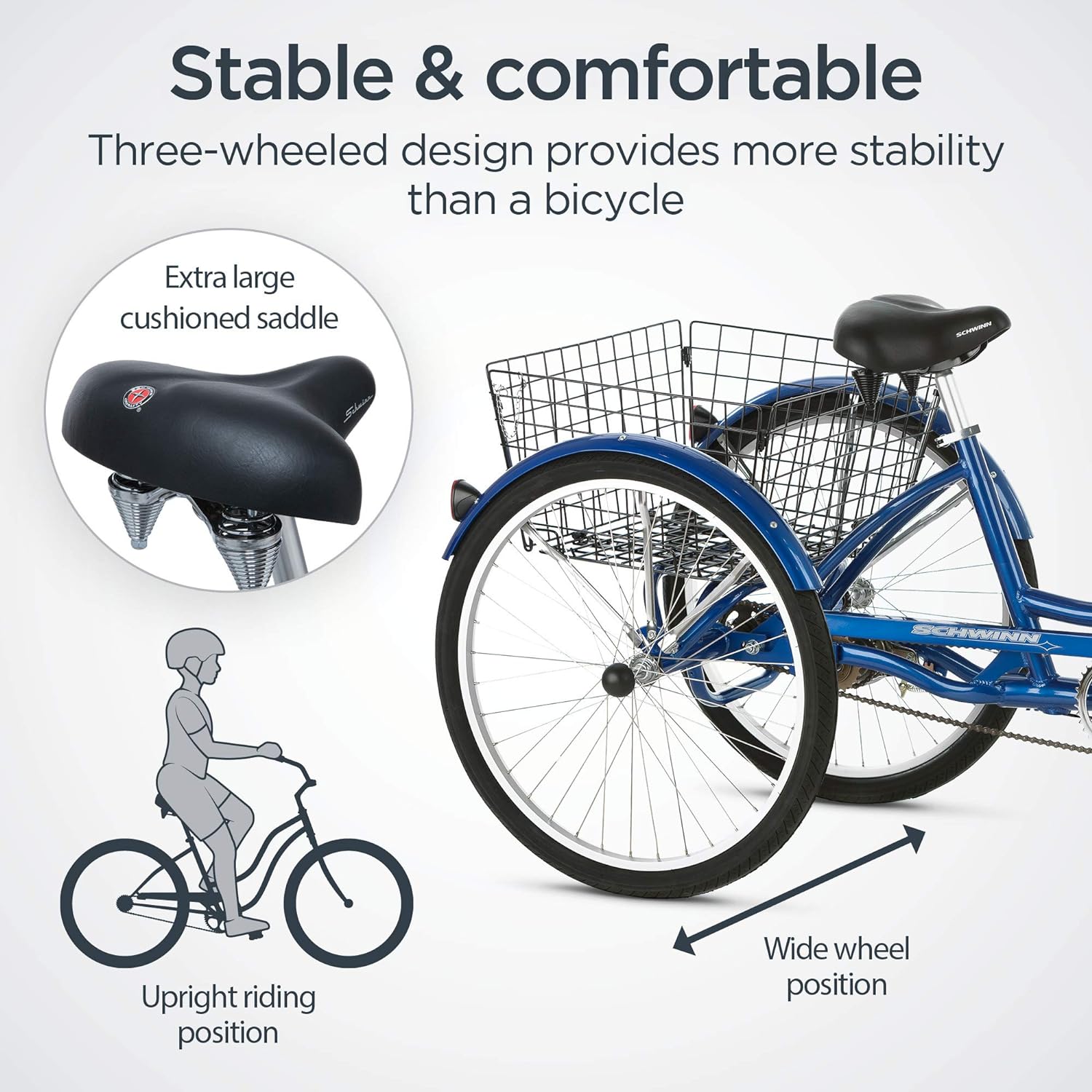 Schwinn Meridian Adult Tricycle Bike, Three Wheel Beach Cruiser, 24  26-Inch Wheels, Low Step-Through Aluminum Frame, Adjustable Handlebars, Large Cruiser Seat, Rear Folding Basket