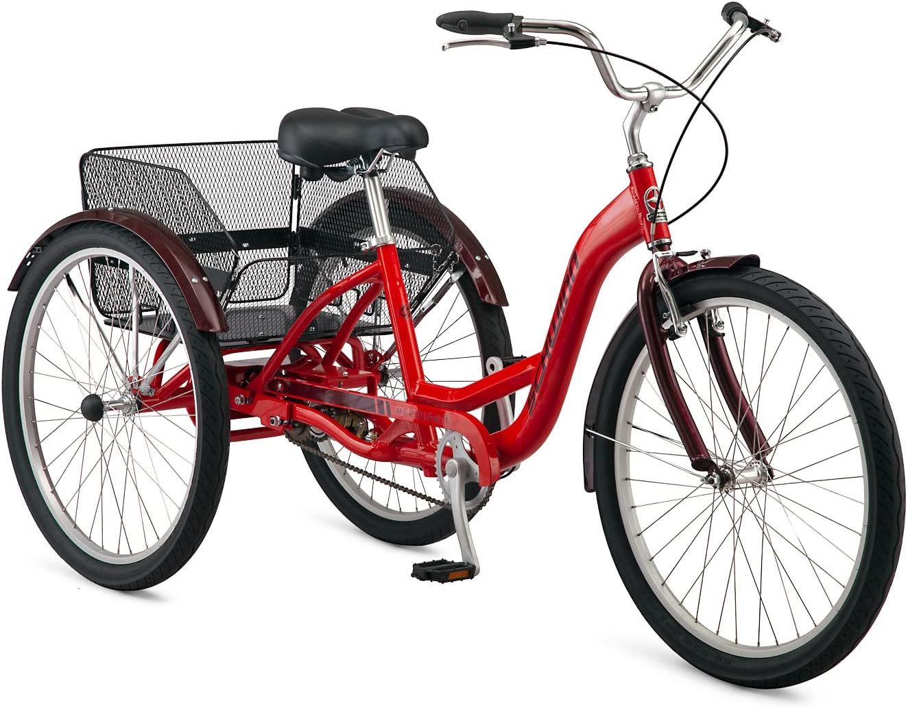Schwinn Meridian Adult Tricycle Bike, Three Wheel Beach Cruiser, 24  26-Inch Wheels, Low Step-Through Aluminum Frame, Adjustable Handlebars, Large Cruiser Seat, Rear Folding Basket