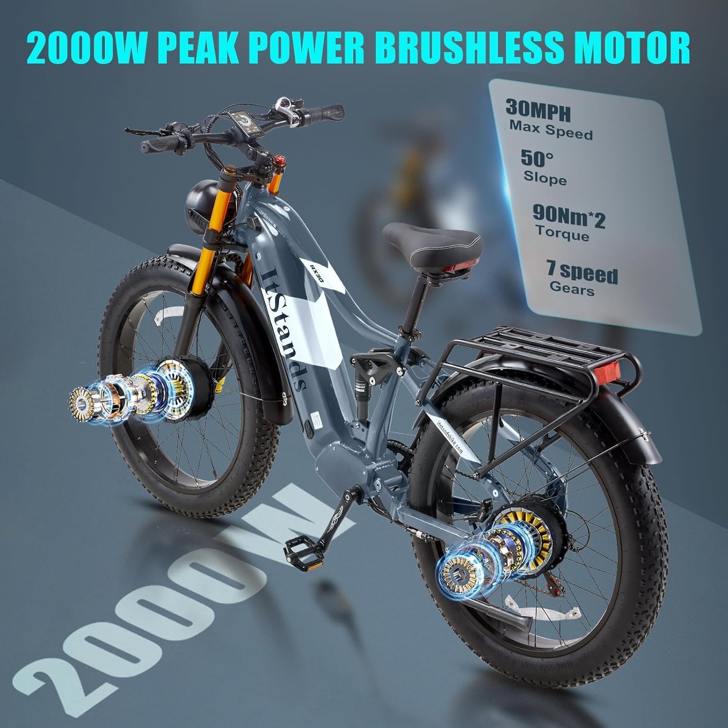 Dual Motor 2000W/1000W Electric Bike for Adult 48V 30AH/20Ah Removable Battery Up to 120 Miles Long Range 26Fat Tire Off Road Mountain Full Suspension Electric Bicycle,Adjustable Stem,UL Certified