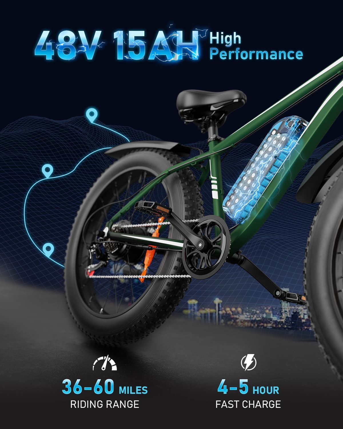 AMYET EB26 Electric Bike for Adults Peak 1500W Electric Bicycle 48V 15AH (720WH) Battery Electric Bike 26 Fat Tire Mountain 28mph 7 Speed Gears Dual Shock Absorber EBike