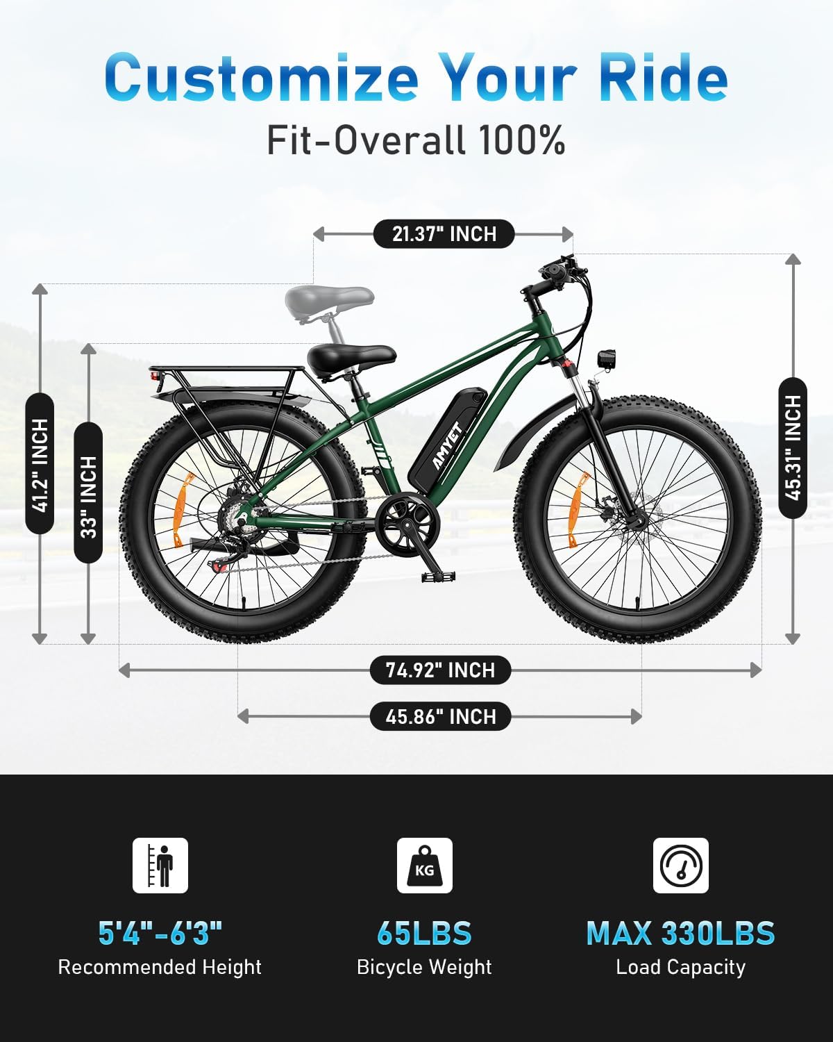 AMYET EB26 Electric Bike for Adults Peak 1500W Electric Bicycle 48V 15AH (720WH) Battery Electric Bike 26 Fat Tire Mountain 28mph 7 Speed Gears Dual Shock Absorber EBike