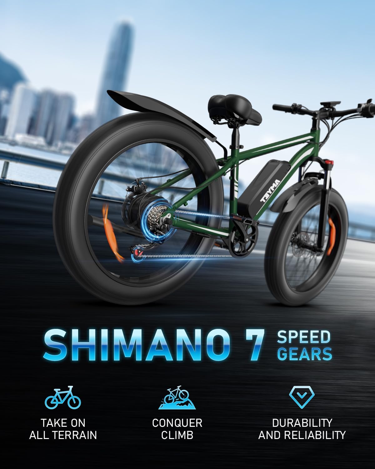 AMYET EB26 Electric Bike for Adults Peak 1500W Electric Bicycle 48V 15AH (720WH) Battery Electric Bike 26 Fat Tire Mountain 28mph 7 Speed Gears Dual Shock Absorber EBike