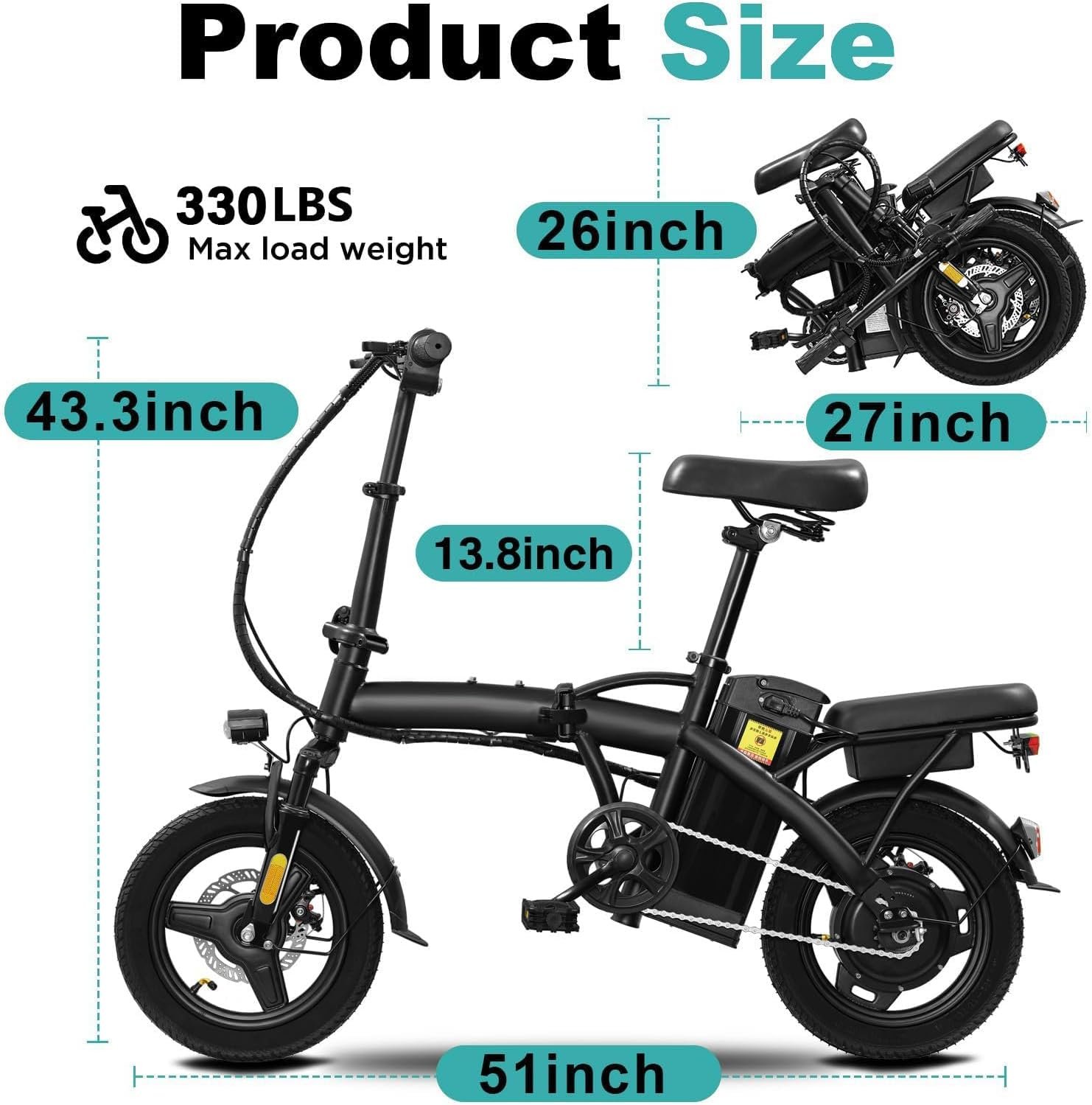Heavy-Duty Foldable Electric Bike for Adults with 7-Shock Suspension, 500+ lbs Capacity, 740W Motor, 25MPH, 720Wh Battery, 30-Mile Range, 14“ Fat Tires Commuter Electric Bicycles, UL 2849 Certified
