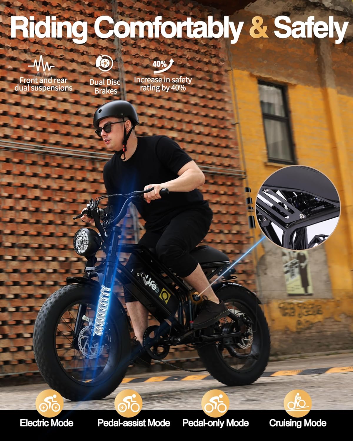 Qlife Electric Bike for Adults-1500W Peak Motor 20 Fat Tires 28MPH(Unlock to 35MPH) EBike Moped, 624-1248Wh Removable Battery Bicycle, with Dual Suspension  Brakes Motorcycle, 7-Speed,Spark
