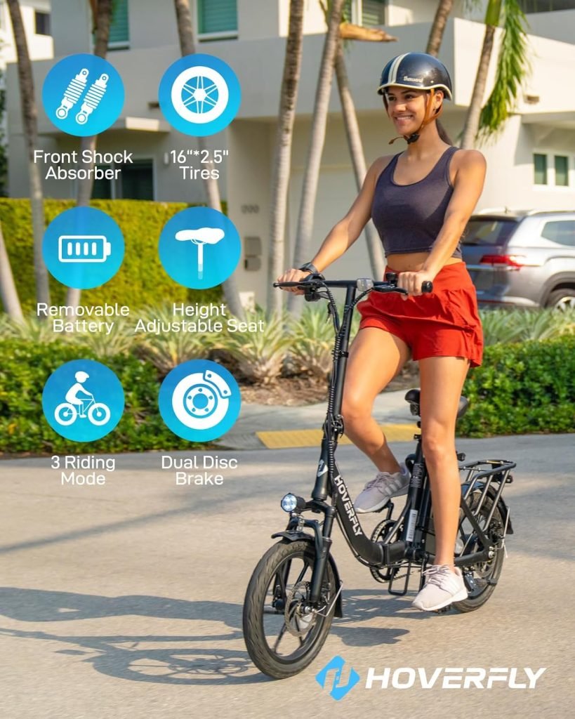 HOVERFLY H3 16 Electric Bike, Max 28Miles Range(Pedal-Assist) Folding E-Bike with Removable Battery, Front Suspension and Commuter Electric Bicycle Adults