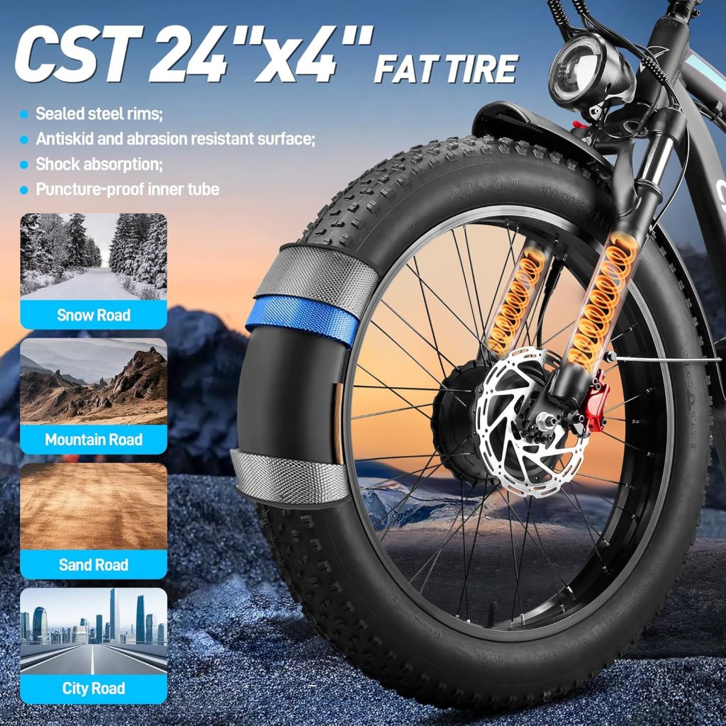 Peak 6000W 52V Dual Motor Ebike 40-47MPH 24 Inch Electric Bike for Adults 34AH Battery 100 Miles Range with Hydraulic Disc Brake Rear Bag Fat Tire Electric Bicycles for All Terrain