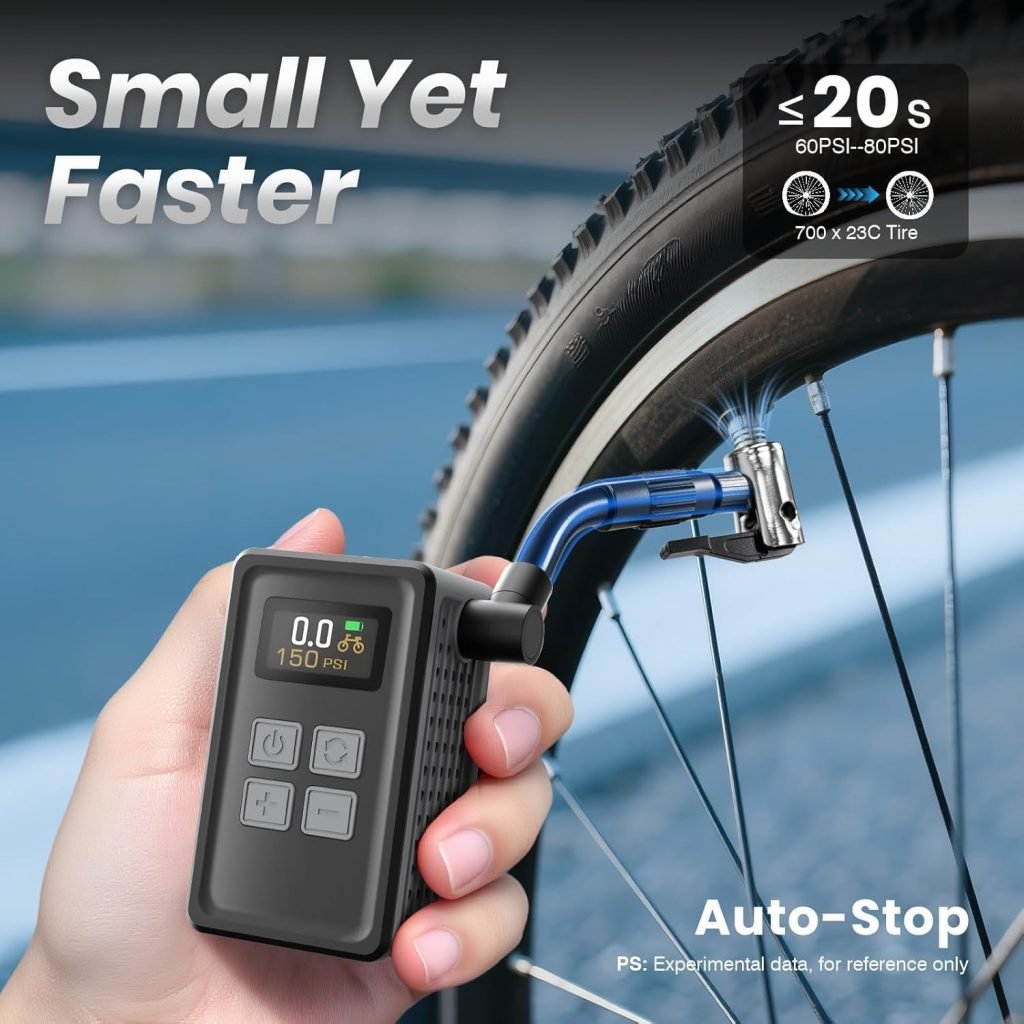 Mini Bicycle Pump with Gauge, Max 150PSI Electric Bike Pump with Presta Schrader Valve, 4X Faster, Auto Stop, Brushless Motor, Upgraded Portable Bike Tire Pump for E-Bike, MTB, Road Bike, Ball, etc Mini Bicycle Pump with Gauge, Max 150PSI Electric Bike Pump with Presta Schrader Valve, 4X Faster, Auto Stop, Brushless Motor, Upgraded Portable Bike Tire Pump for E-Bike, MTB, Road Bike, Ball, etc