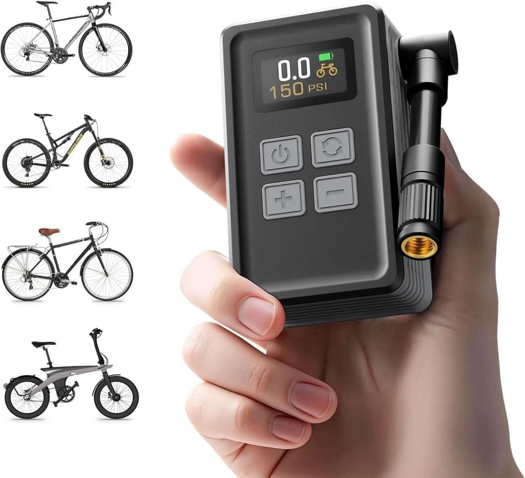Mini Bicycle Pump with Gauge, Max 150PSI Electric Bike Pump with Presta Schrader Valve, 4X Faster, Auto Stop, Brushless Motor, Upgraded Portable Bike Tire Pump for E-Bike, MTB, Road Bike, Ball, etc Mini Bicycle Pump with Gauge, Max 150PSI Electric Bike Pump with Presta Schrader Valve, 4X Faster, Auto Stop, Brushless Motor, Upgraded Portable Bike Tire Pump for E-Bike, MTB, Road Bike, Ball, etc