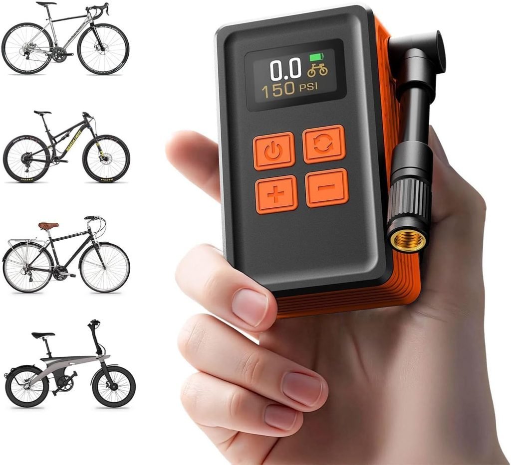 Mini Bicycle Pump with Gauge, Max 150PSI Electric Bike Pump with Presta Schrader Valve, 4X Faster, Auto Stop, Brushless Motor, Upgraded Portable Bike Tire Pump for E-Bike, MTB, Road Bike, Ball, etc Mini Bicycle Pump with Gauge, Max 150PSI Electric Bike Pump with Presta Schrader Valve, 4X Faster, Auto Stop, Brushless Motor, Upgraded Portable Bike Tire Pump for E-Bike, MTB, Road Bike, Ball, etc