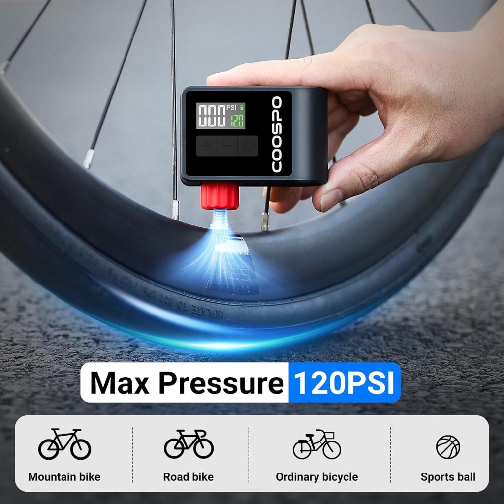 CooSpo Mini Electric Bike Pump, Portable Tire Inflator Portable Air Compressor, Max 120 PSI, Auto Shut-Off Air Pump with Presta/Schrader Valves for All Bicycles, Ball, Car Accessories CooSpo Mini Electric Bike Pump, Portable Tire Inflator Portable Air Compressor, Max 120 PSI, Auto Shut-Off Air Pump with Presta/Schrader Valves for All Bicycles, Ball, Car Accessories
