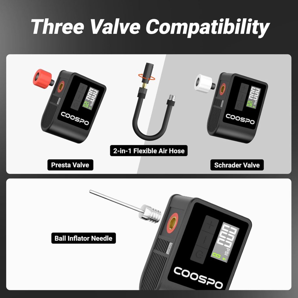 CooSpo Mini Electric Bike Pump, Portable Tire Inflator Portable Air Compressor, Max 120 PSI, Auto Shut-Off Air Pump with Presta/Schrader Valves for All Bicycles, Ball, Car Accessories CooSpo Mini Electric Bike Pump, Portable Tire Inflator Portable Air Compressor, Max 120 PSI, Auto Shut-Off Air Pump with Presta/Schrader Valves for All Bicycles, Ball, Car Accessories