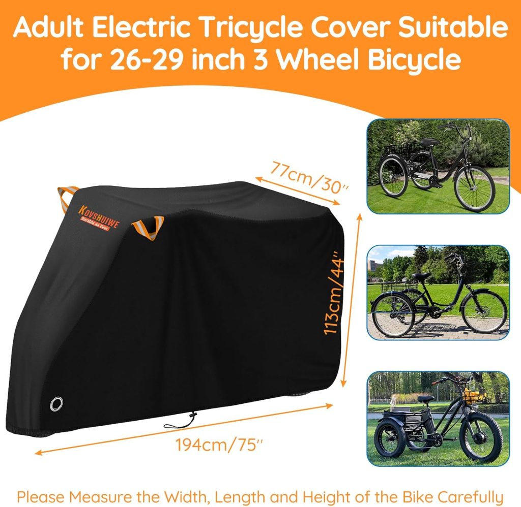 Kovshuiwe Adult Electric Tricycle Cover 26-29 inch 3 Wheel Bicycle Covers Heavy Duty 420D Oxford Strong UV Protection  Windproof, Waterproof Trike Bike Covers