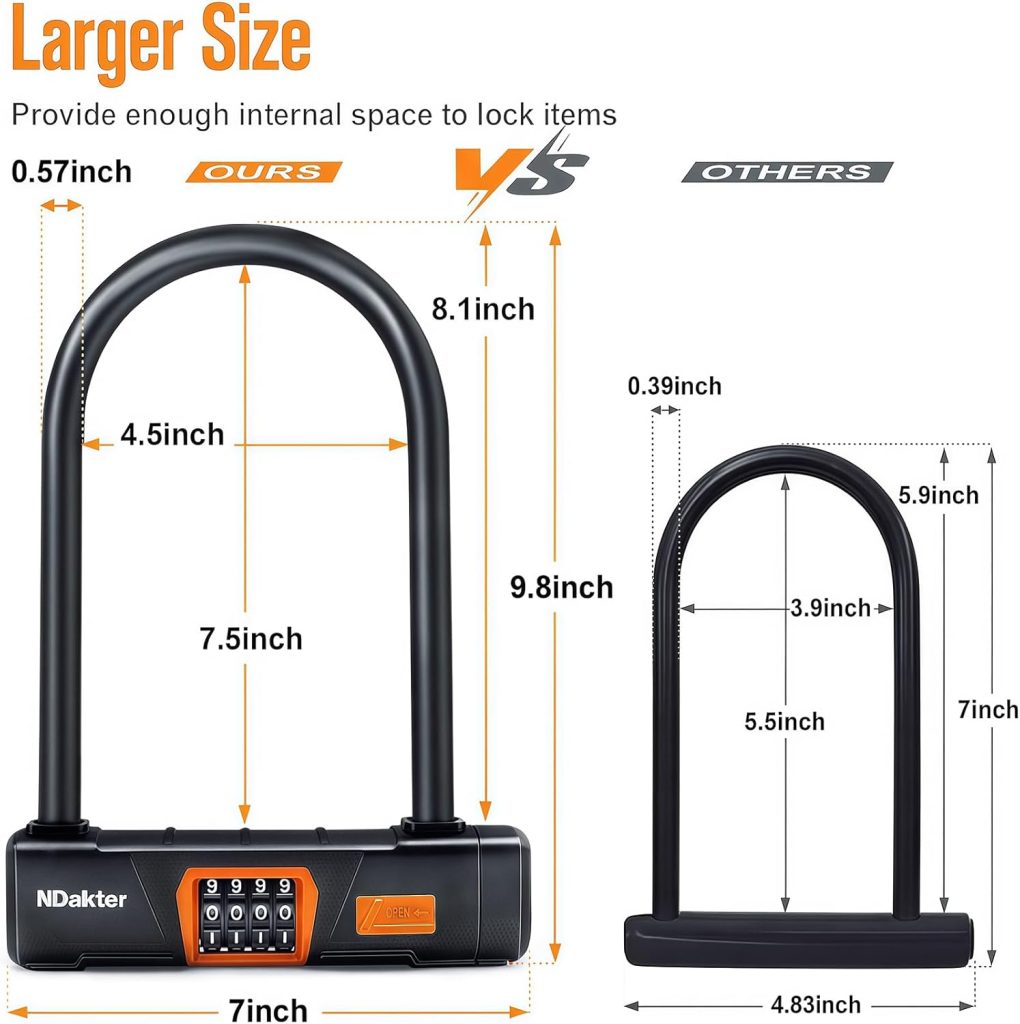 NDakter Bike Locks Heavy Duty Anti Theft, Combo Bike U Lock, 4-Digit Resettable Combination Bicycle Lock, Large U Shaped Ebike Lock with 5Ft Steel Cable for Electric Bike, Escooter, Motorcycle,Door