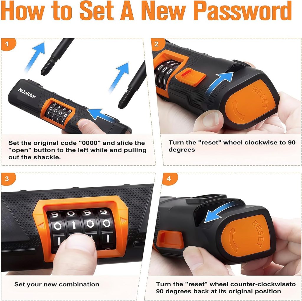 NDakter Bike Locks Heavy Duty Anti Theft, Combo Bike U Lock, 4-Digit Resettable Combination Bicycle Lock, Large U Shaped Ebike Lock with 5Ft Steel Cable for Electric Bike, Escooter, Motorcycle,Door