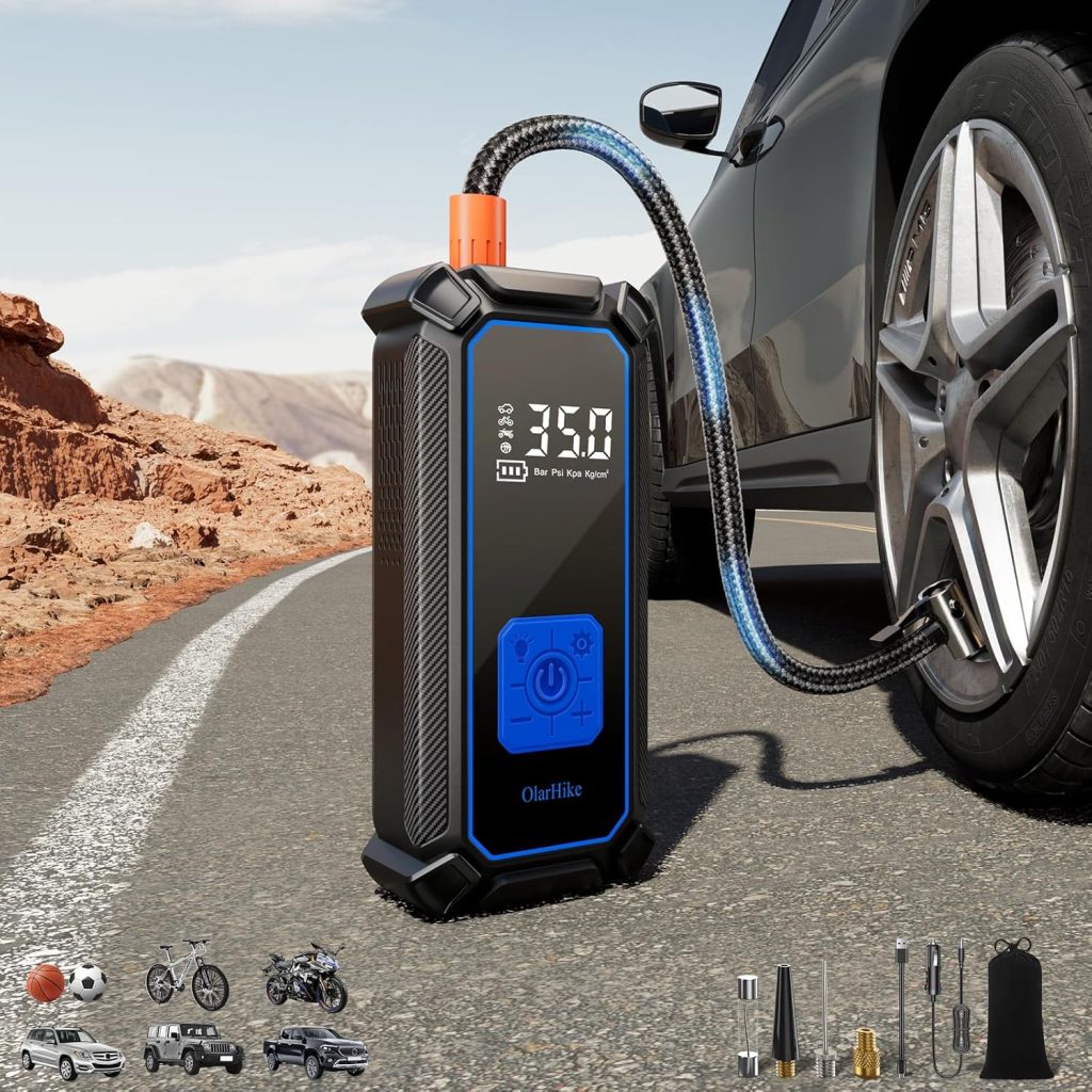 OlarHike Tire Inflator Portable Air Compressor, 9000mAh Battery Powered, 150PSI Dual Mode, Auto Air Pump for Car Tires, Motorcycle, Bicycle, Electric Pump with LED Light Digital Pressure Gauge OlarHike Tire Inflator Portable Air Compressor, 9000mAh Battery Powered, 150PSI Dual Mode, Auto Air Pump for Car Tires, Motorcycle, Bicycle, Electric Pump with LED Light Digital Pressure Gauge