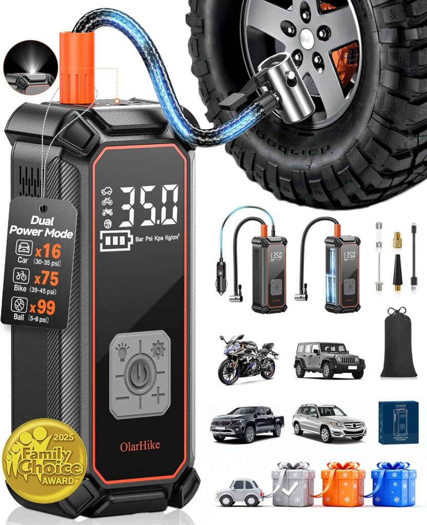 OlarHike Tire Inflator Portable Air Compressor, 9000mAh Battery Powered, 150PSI Dual Mode, Auto Air Pump for Car Tires, Motorcycle, Bicycle, Electric Pump with LED Light Digital Pressure Gauge OlarHike Tire Inflator Portable Air Compressor, 9000mAh Battery Powered, 150PSI Dual Mode, Auto Air Pump for Car Tires, Motorcycle, Bicycle, Electric Pump with LED Light Digital Pressure Gauge