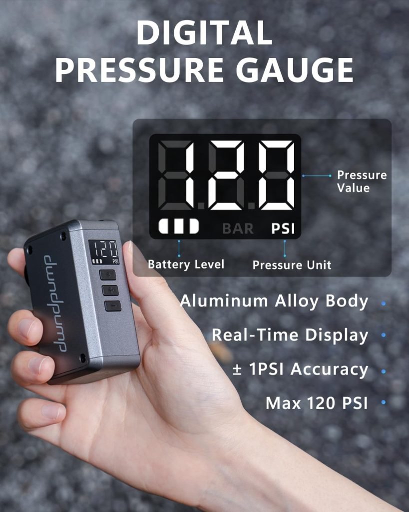 Mini Bike Pump with Gauge, 120 PSI Electric Bicycle Pump, Rechargeable Bike Air Pump Portable, Auto Shut Off, with Presta and Schrader Valves, for Road Bike, Mountain Bike, Sports Balls