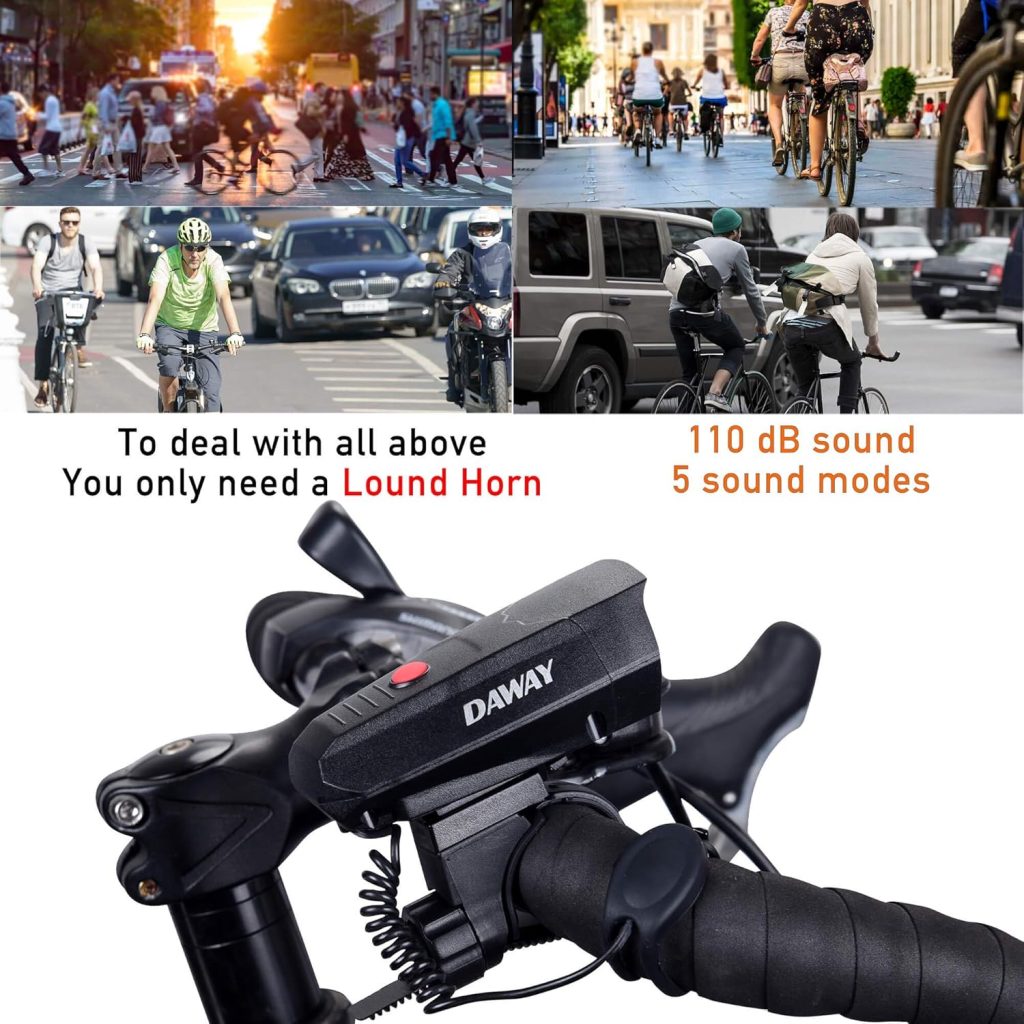 DAWAY A14 110dB Electric Bike Horn - Sound Modes, Loud Bicycle Handlebar Alarm Bell with Free Screwdriver, Ideal Gift for Kids  Adults - Safe  Easy Cycling Alert