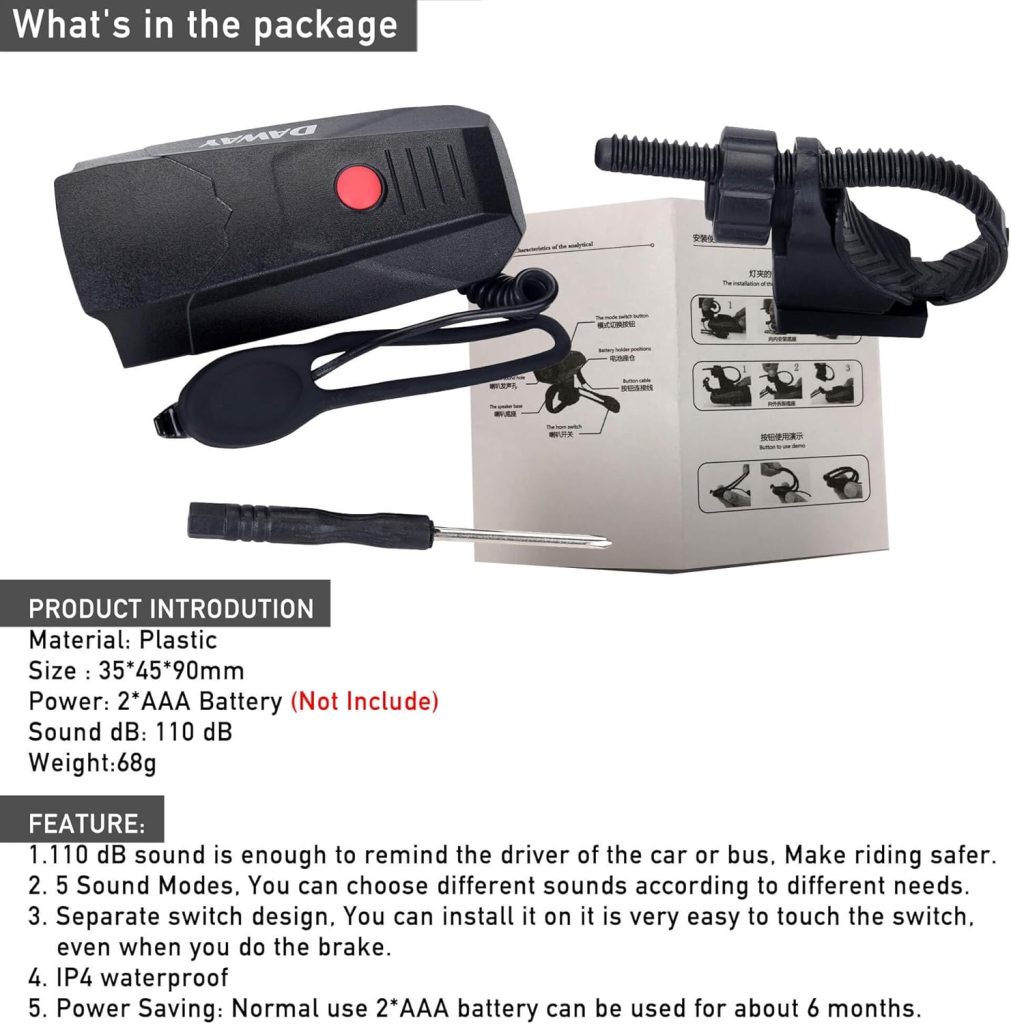 DAWAY A14 110dB Electric Bike Horn - Sound Modes, Loud Bicycle Handlebar Alarm Bell with Free Screwdriver, Ideal Gift for Kids  Adults - Safe  Easy Cycling Alert