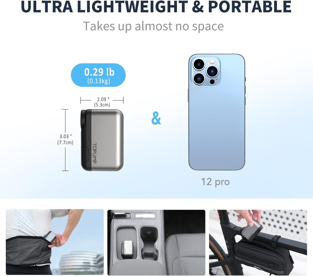 TOPUMP Tiny Pump Mini Bike Tire Pump with Gauge, 120PSI Portable Electric Bicycle Air Pump, Auto Stop, Type-C Rechargeable Battery with Presta and Schrader Valve TOPUMP Tiny Pump Mini Bike Tire Pump with Gauge, 120PSI Portable Electric Bicycle Air Pump, Auto Stop, Type-C Rechargeable Battery with Presta and Schrader Valve