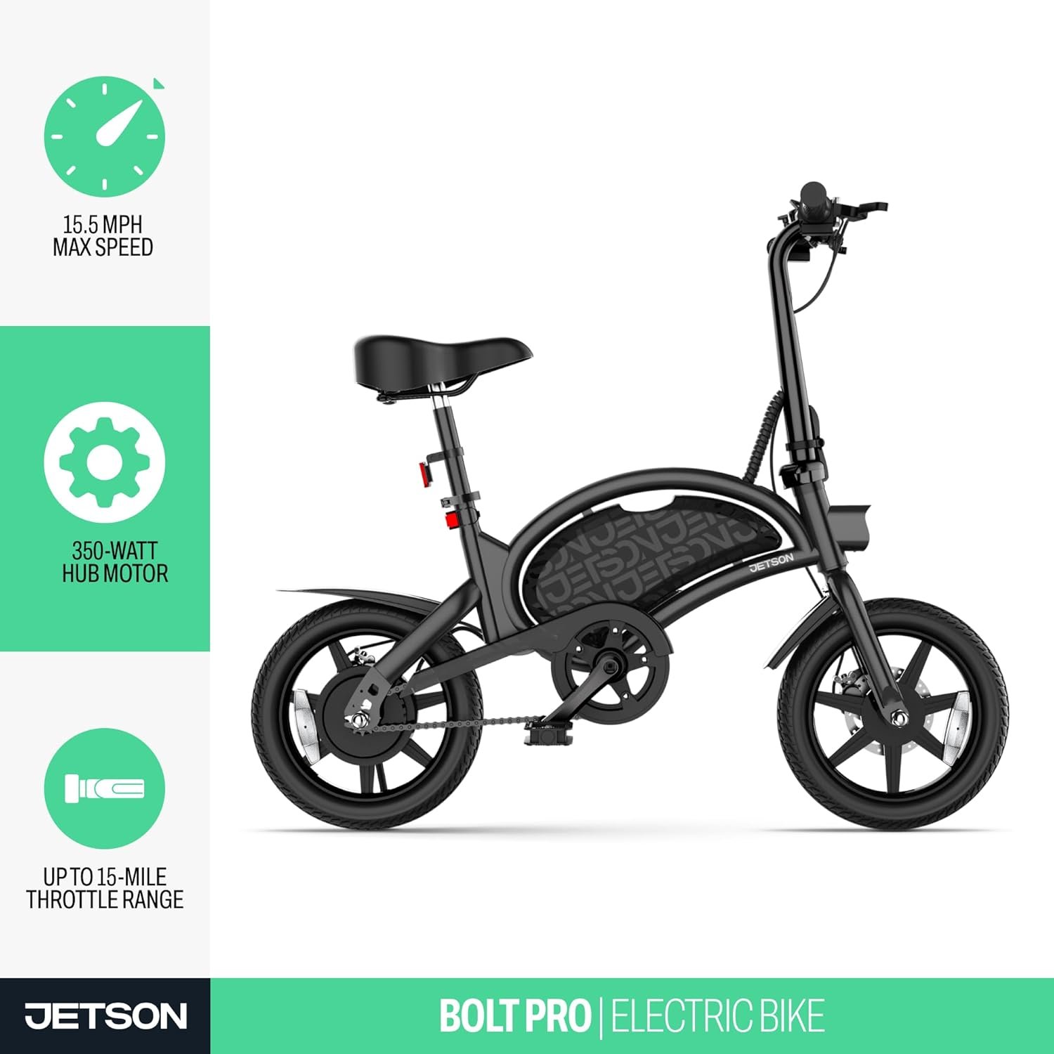 Jetson Bolt Electric Bike, Foot Pegs, Easy-Folding, Built-in Carrying Handle, Twist Throttle, Cruise Control, Up to 15.5 MPH, Range Up to Miles, Ages 13+ Jetson Bolt Electric Bike, Foot Pegs, Easy-Folding, Built-in Carrying Handle, Twist Throttle, Cruise Control, Up to 15.5 MPH, Range Up to Miles, Ages 13+