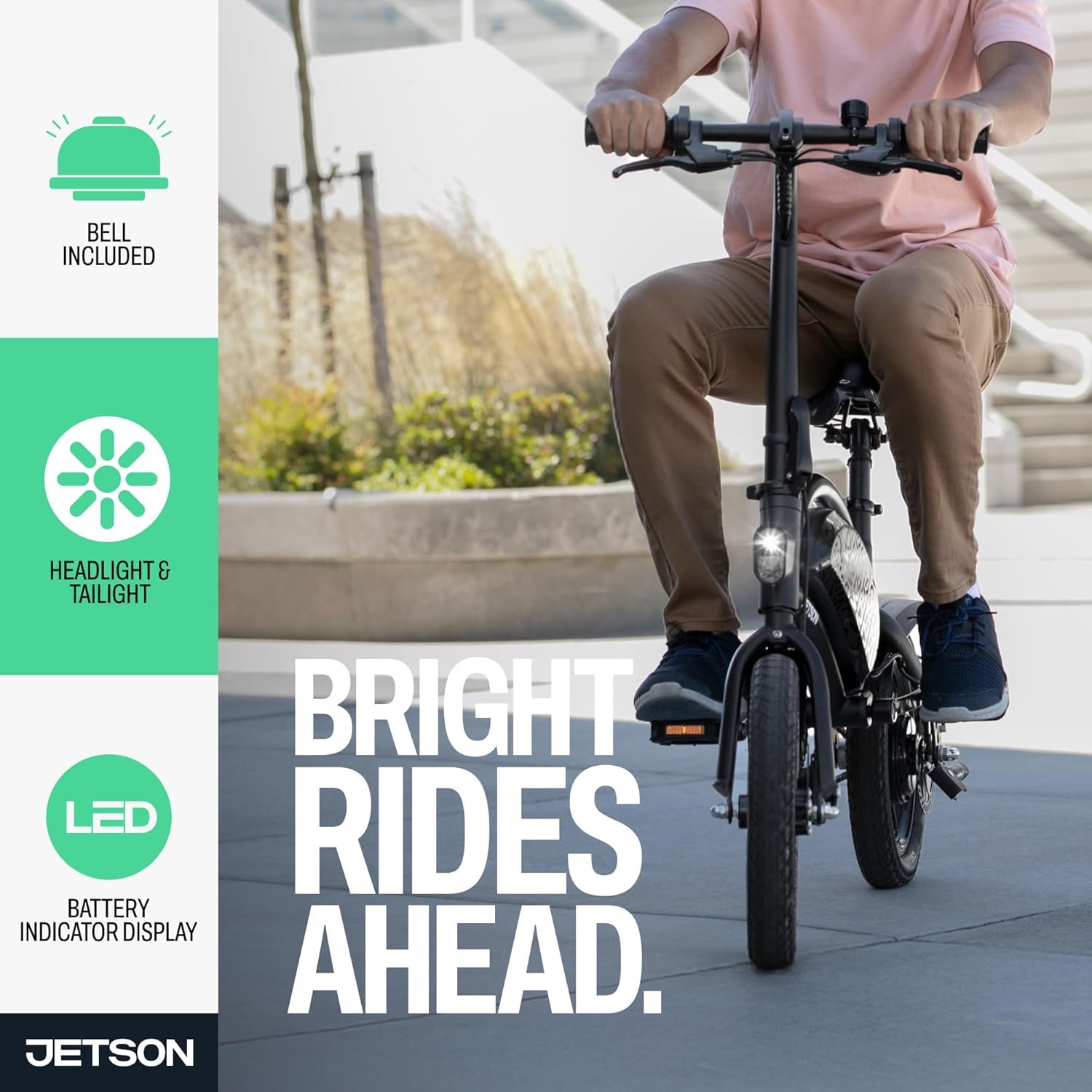 Jetson Bolt Electric Bike, Foot Pegs, Easy-Folding, Built-in Carrying Handle, Twist Throttle, Cruise Control, Up to 15.5 MPH, Range Up to Miles, Ages 13+ Jetson Bolt Electric Bike, Foot Pegs, Easy-Folding, Built-in Carrying Handle, Twist Throttle, Cruise Control, Up to 15.5 MPH, Range Up to Miles, Ages 13+