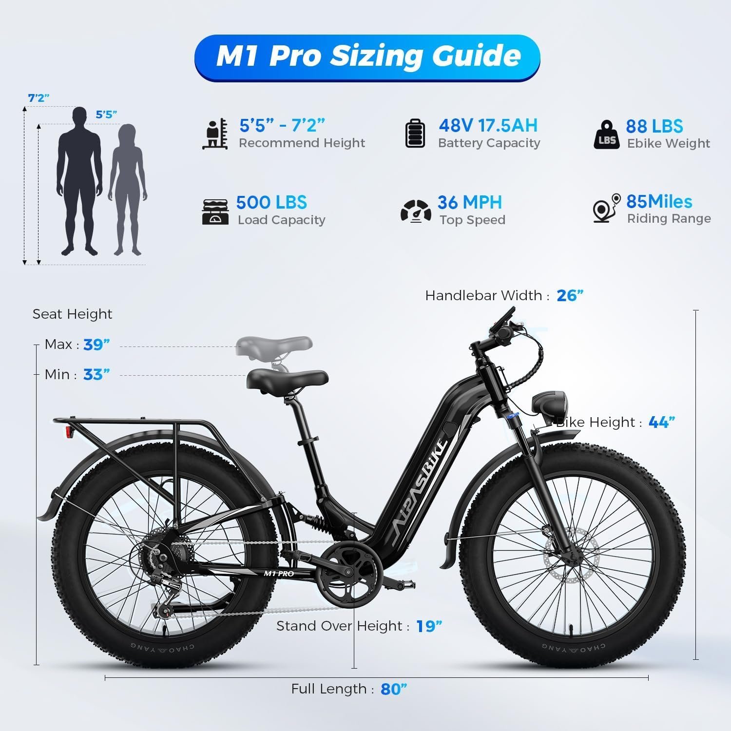 Aipas M1 Pro & M2 Pro Electric Bike Combo, 1800W Peak Motor Fat Tire EBikes for Adults, Electric Mountain Bike with 48V 17.5Ah Battery, 26″ x 4.0″ All-Terrain Tires, 7 Speed, 85 Miles Long Range